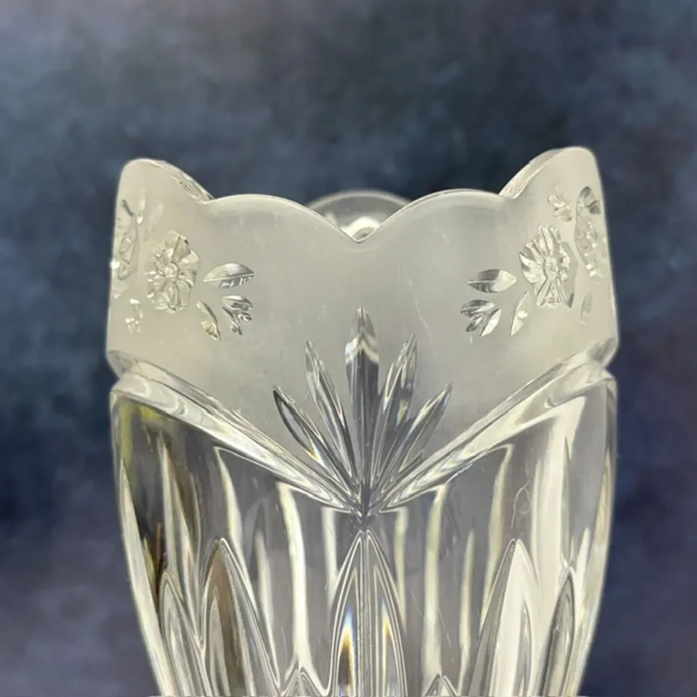 Heavy Clear Glass Vase Frosted Roses Scalloped Rim 10 in 4.3 lb